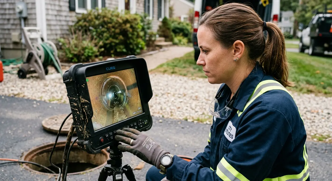 Technician reviewing sewer camera inspection footage in Albertville