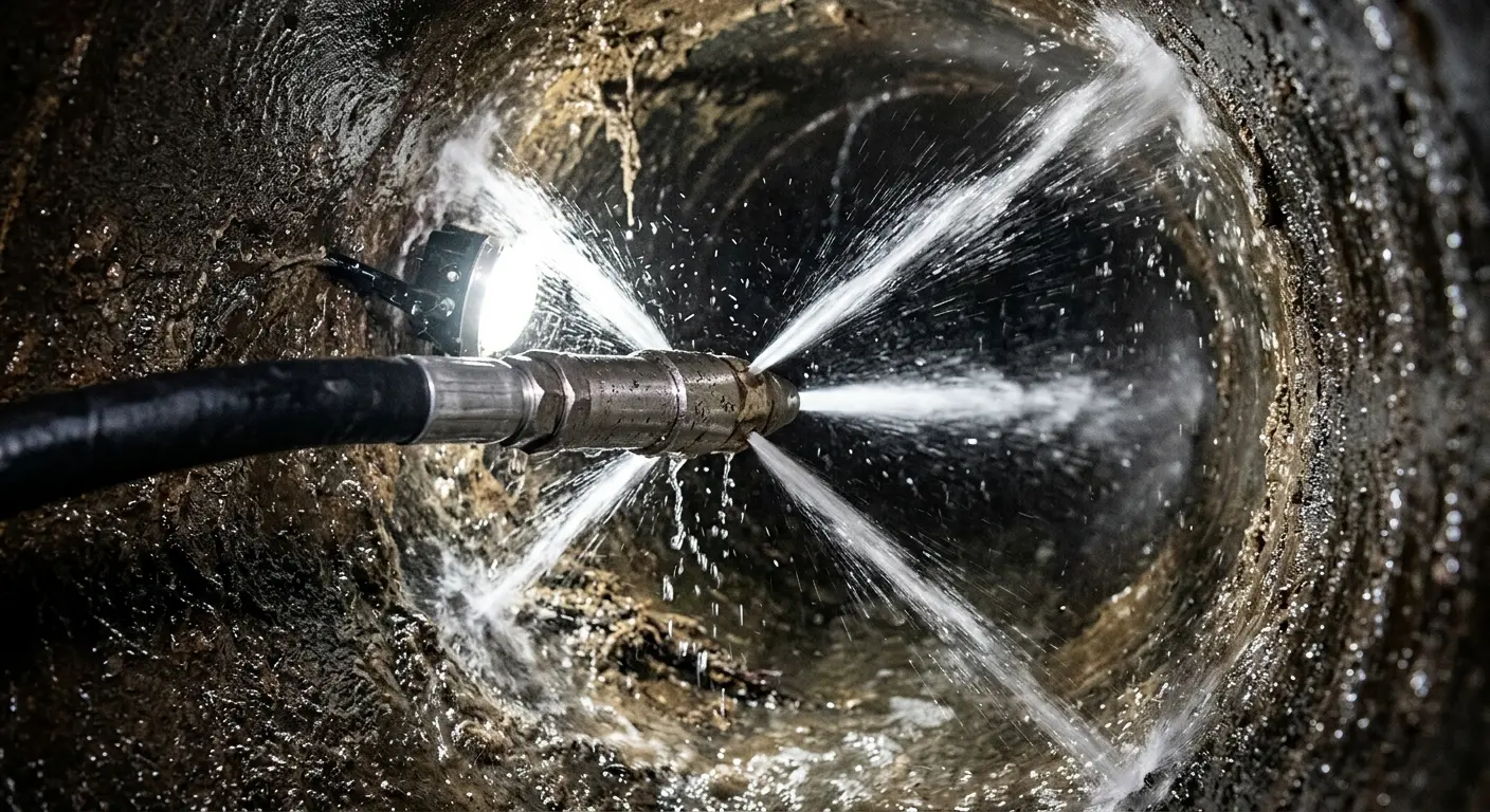 High-pressure hydro jetting nozzle cleaning sewer pipe for Sewer Cleanout in Albertville