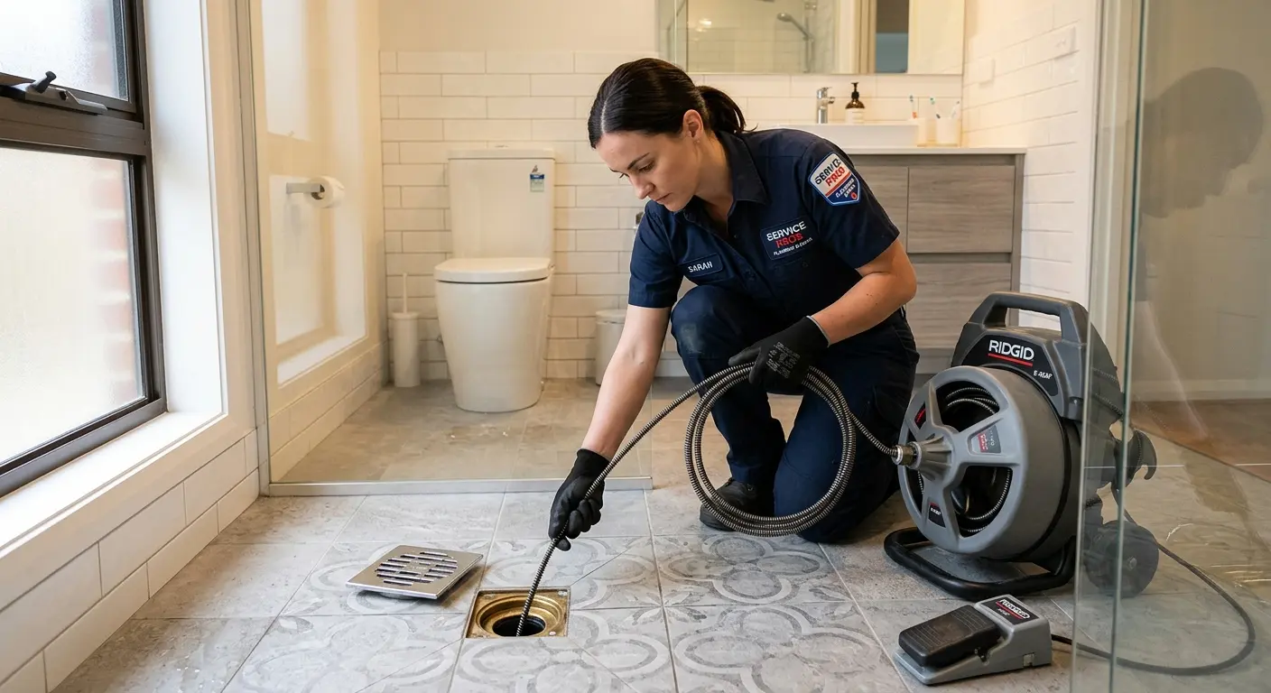 Technician clearing a bathroom floor drain for Drain Cleaning in Albertville